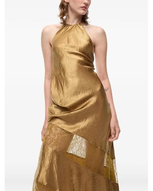 Pinko Metallic Asymmetric Satin Midi Dress With Lace