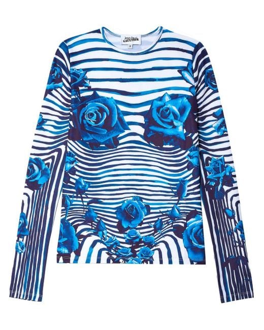 Jean Paul Gaultier Blue Gestreiftes T-Shirt mit Blumen-Print