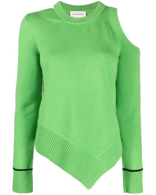 Alexander McQueen Green Cold-Shoulder Wool Jumper