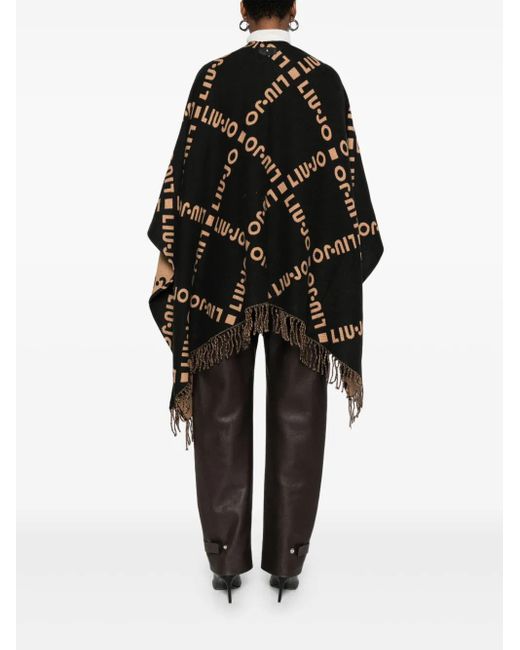 Liu Jo Black Logo-Pattern Fringed Cape
