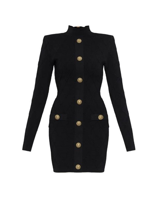 Balmain Black Button-Embellished Diamond-Knit Mini Dress