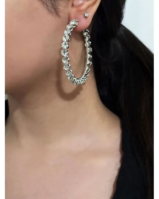 Hzmer Jewelry White Rhinestone-Embellished Hoop Earrings