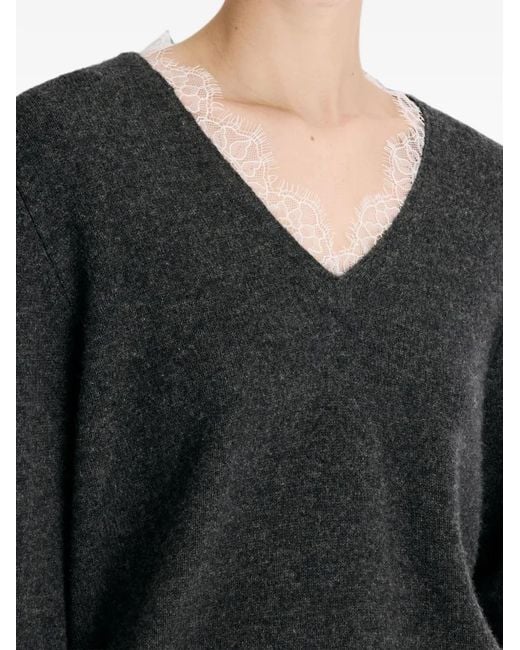 Loulou de Saison Black Leyla Lace-Trim V-Neck Sweater