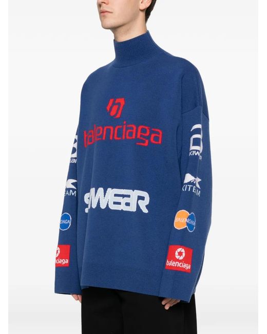 Balenciaga Blue Sponsor Jacquard Turtleneck Sweater for men