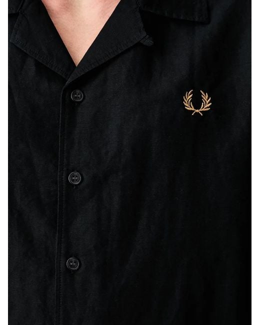 Fred Perry Black Embroidered-Logo Camp-Collar Shirt for men