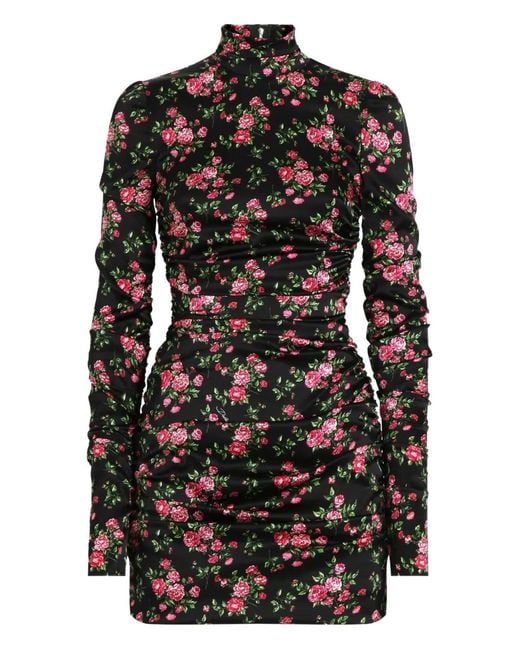 Dolce & Gabbana Black Small Rose Bouquets-Printed Mini Satin Dress