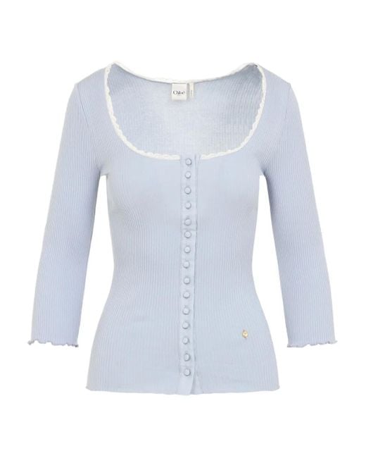Chloé Blue Lace-Trimmed Button Top