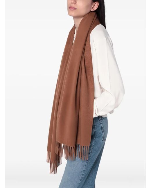 Max Mara Brown Embroidered-Logo Fringed-Edges Scarf