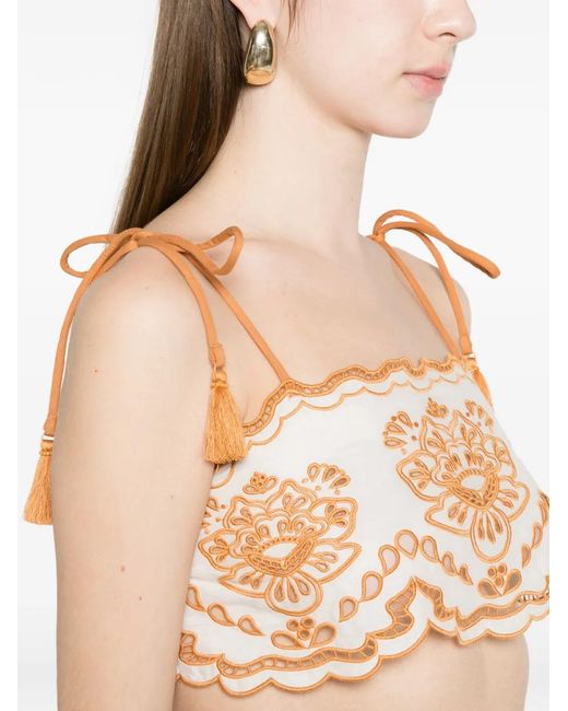 Farm Rio Natural Tropi Embroidered Tassel-Detail Top
