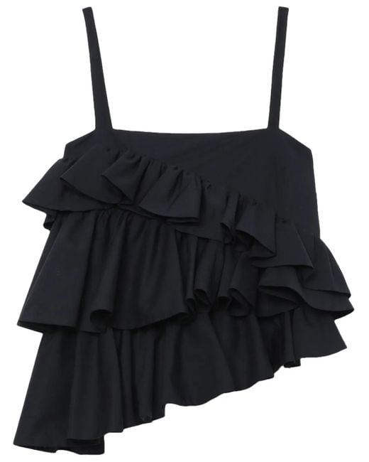 MSGM Black Asymmetric Ruffle Top