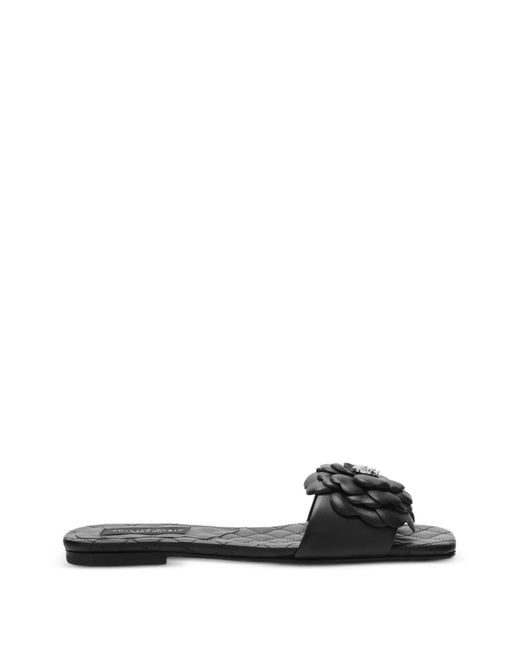 Philipp Plein Black Leather Flat Slides Flower