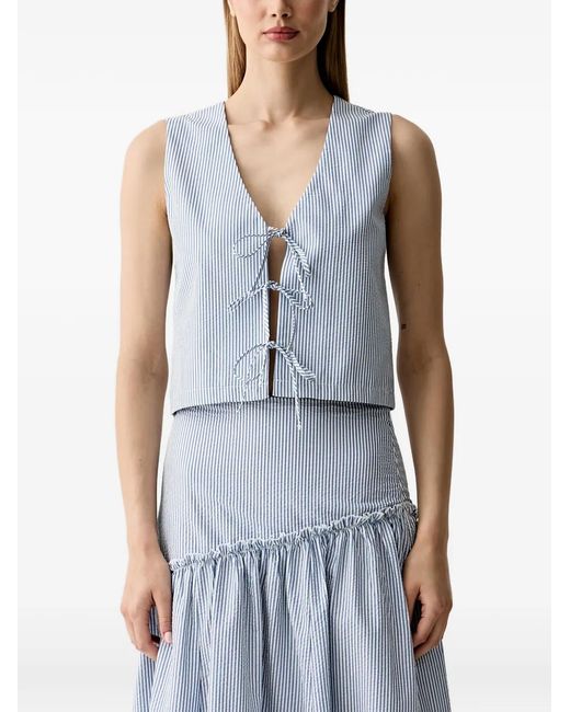 Benetton Blue Striped Tie-Fastening Sleeveless Blouse