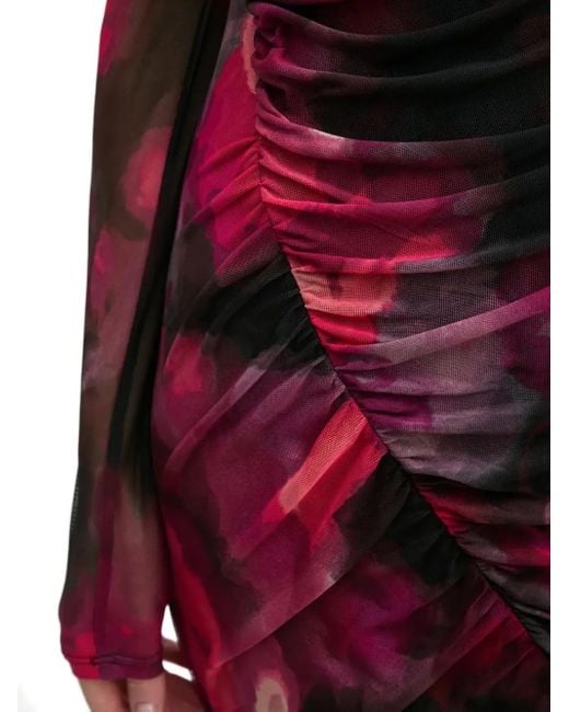 DKNY Red Gerafftes Midikleid mit Blumen-Print