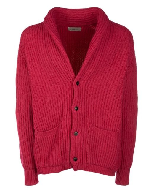 Laneus Red Ribbed Shawl-Collar Cardigan for men