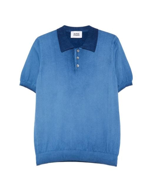 Alpha Studio Blue Contrast-Collar Polo Shirt for men