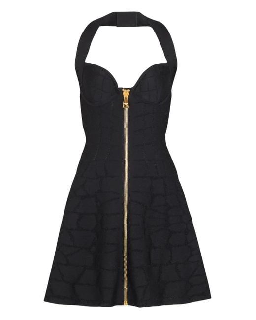 Balmain Black Ärmelloses Faltenkleid Mit Krokomuster