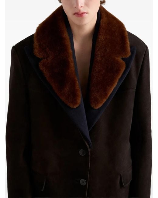 Prada Black Shearling-collar suede coat