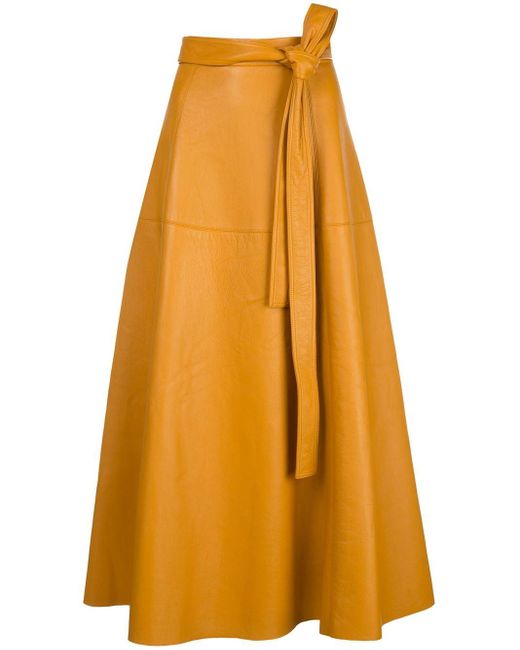 Oscar de la Renta Yellow Tie-detailed Leather Midi Skirt