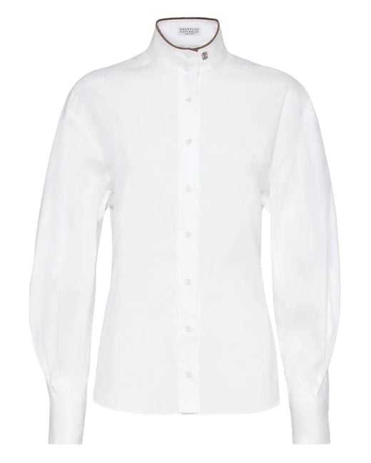 Brunello Cucinelli White High-Collar Button-Up Shirt