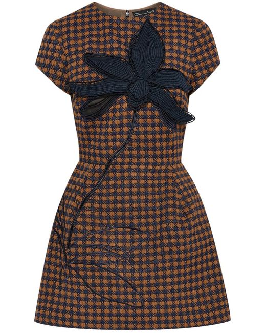 Oscar de la Renta Black Orchid Embroidered Check Tweed Dress