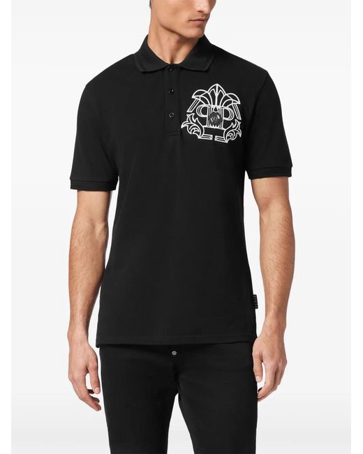 Philipp Plein Black Skull & Bones Piqué Polo Shirt for men