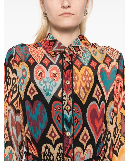 Farm Rio White Belted Mini Shirt Dress, Hearts Ikat