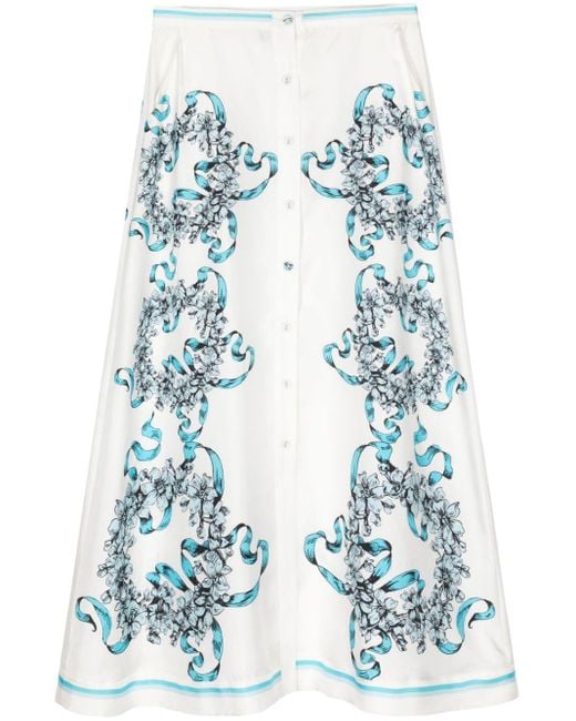 Cynthia Rowley Blue Floral-print Maxi Silk Skirt