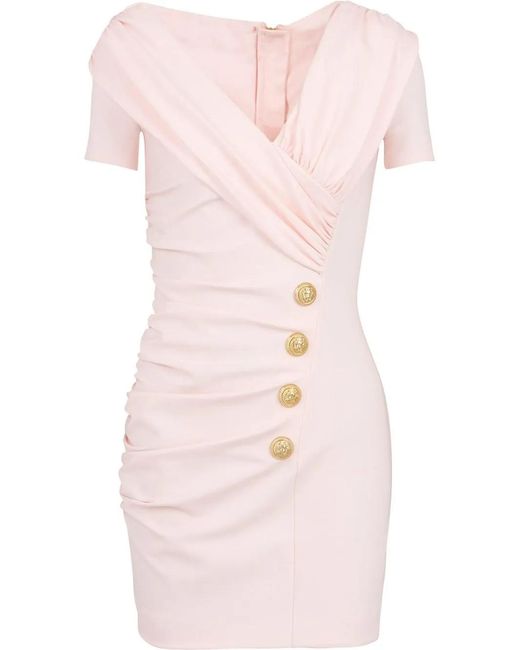 Balmain Pink Button-Embossed Fitted Dress