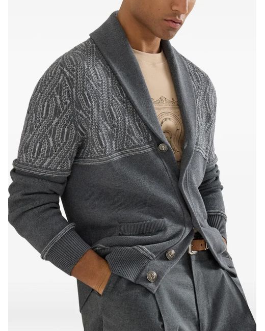 Brunello Cucinelli Gray Cotton Shawl-Collar Cardigan With Jacquard Cable Shoulder for men
