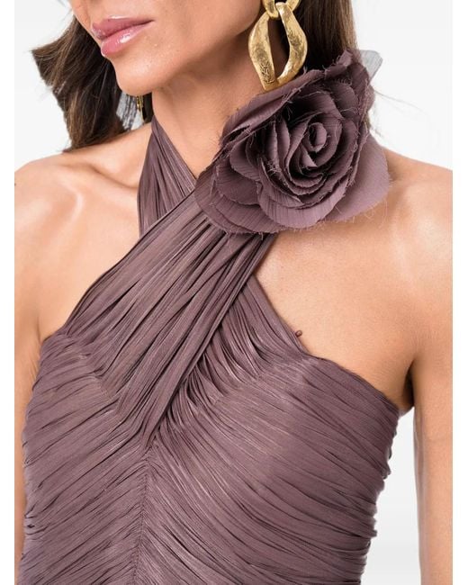 Ana Radu Purple Floral-Detail Pleated Maxi Gown