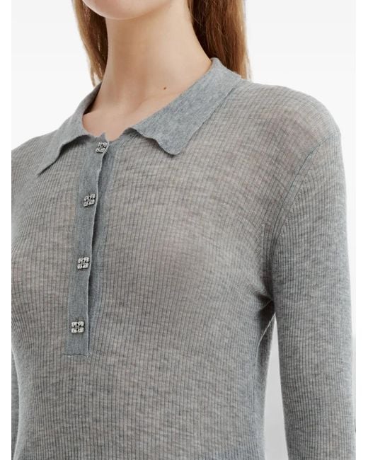 Ganni Gray Crystal-Embellished Ribbed-Knit Top