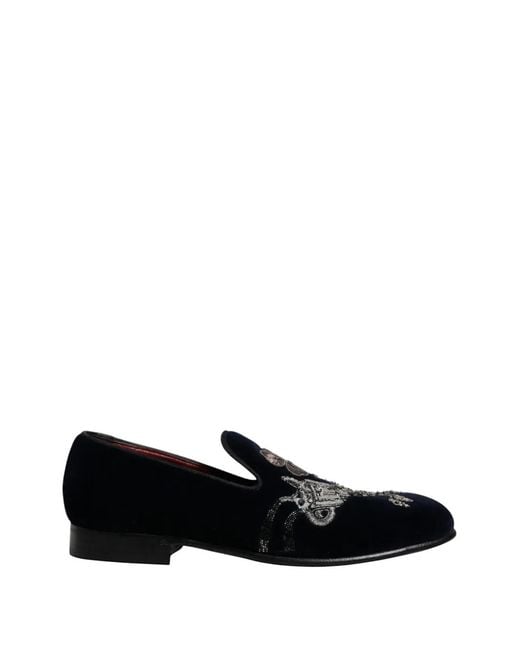 Dolce & Gabbana Black Embroidered Velvet Loafers for men