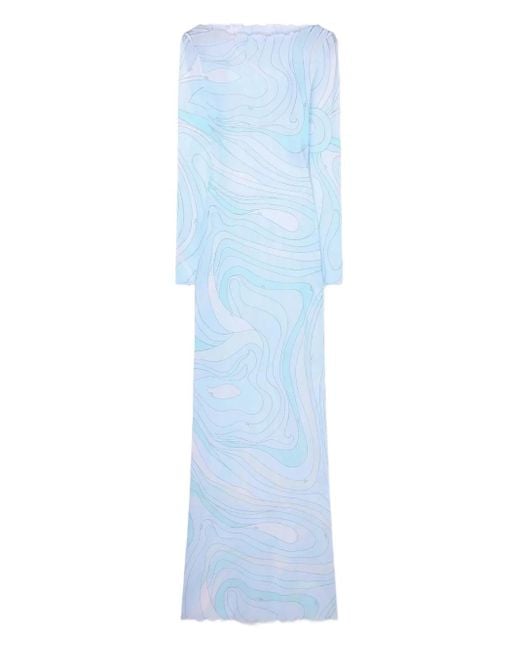 Emilio Pucci Blue Marmo-Print Tulle Maxi Dress