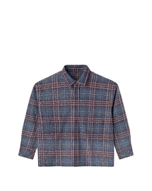 Happy Memories Don't Die Blue Rhinestone-Embellished Checked Shirt for men