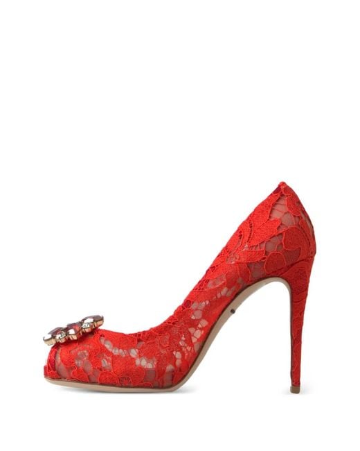 Dolce & Gabbana Red Taormina Lace Crystal-Embellished Peep-Toe Pumps