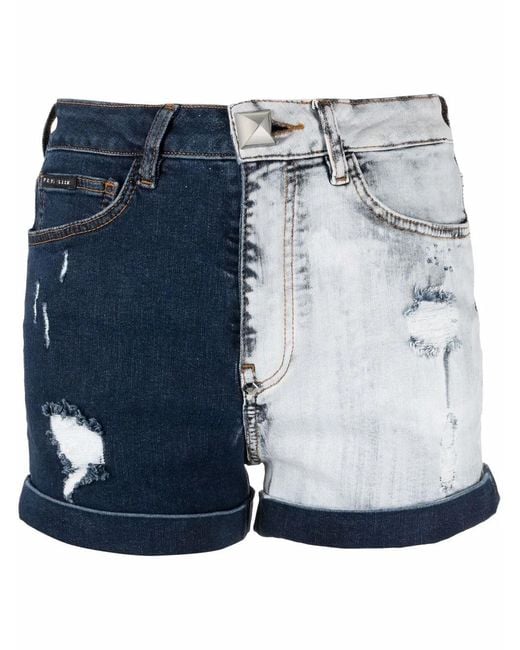 Philipp Plein Blue Two-Tone Denim Shorts