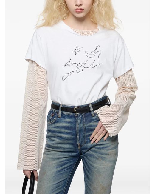 Acne White Layered Graphic-Print T-Shirt