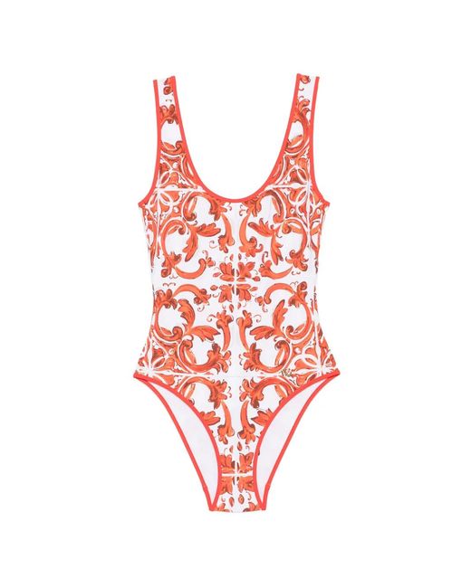 Dolce & Gabbana Red Maiolica Scoop-Neck Swimsuit