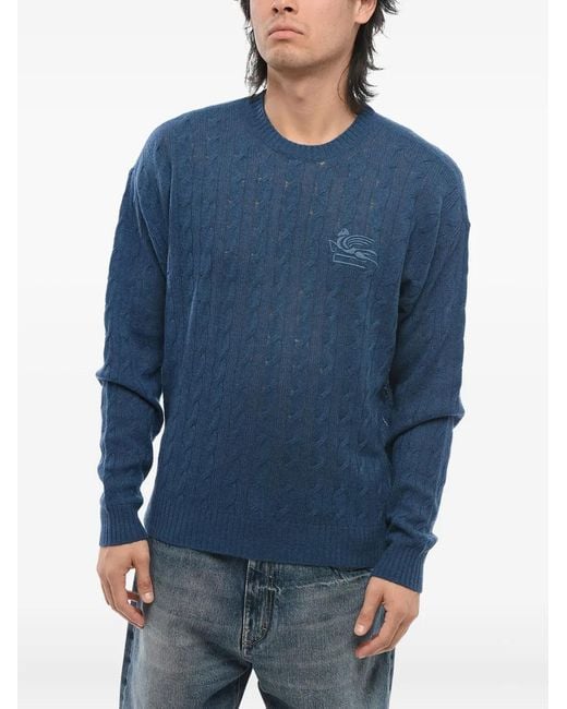 Etro Blue Cable-Knit Embroidered Sweater for men