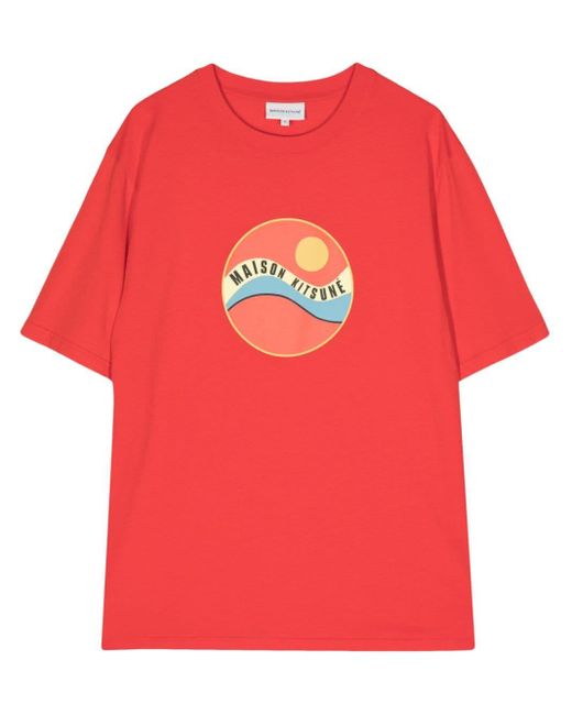 Maison Kitsuné Red Pop Wave-print Cotton T-shirt for men