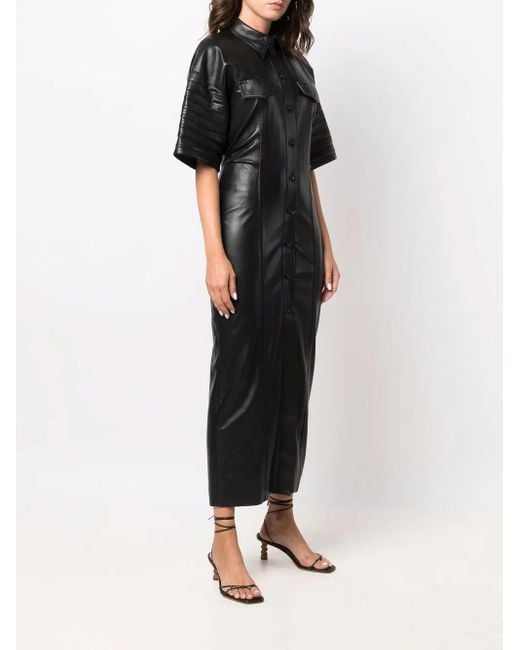 Nanushka Black Faux-Leather Fitted Shirt Dress