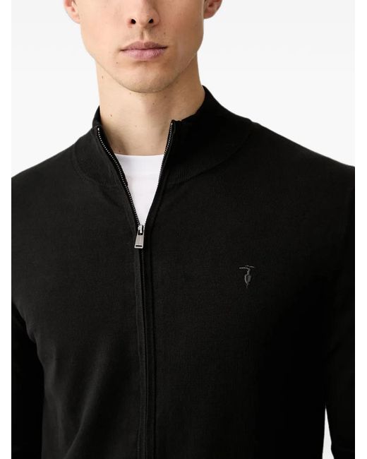Trussardi Black Zip-Up Embroidered-Logo Cardigan for men