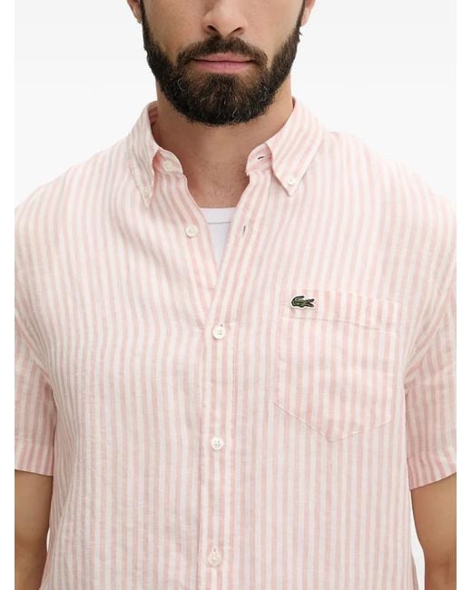 Lacoste White Striped Short-Sleeve Linen Shirt for men