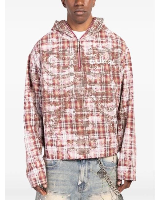 GUAPI Pink Plaid Skeleton Stud Hoodie for men