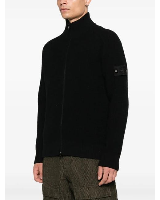 Stone Island Black Ribbed Zip-Up Cardigan for men