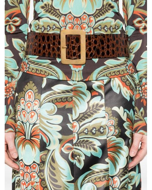 Etro Green Pleated Floral-Print Skirt