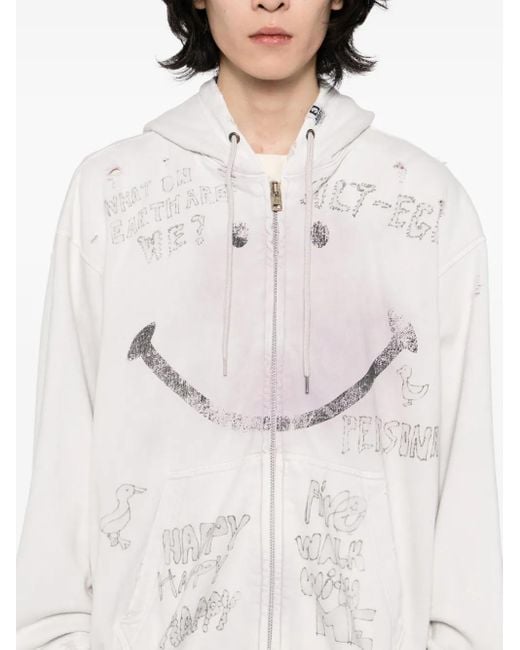 Maison Mihara Yasuhiro White Bleached Smily-Face-Print Zip-Up Hoodie for men