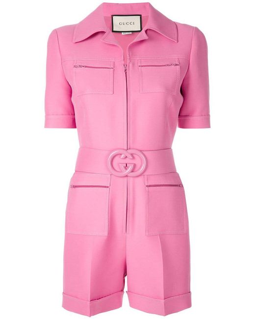 Gucci Pink Wool Silk Short Belted Jumpsuit