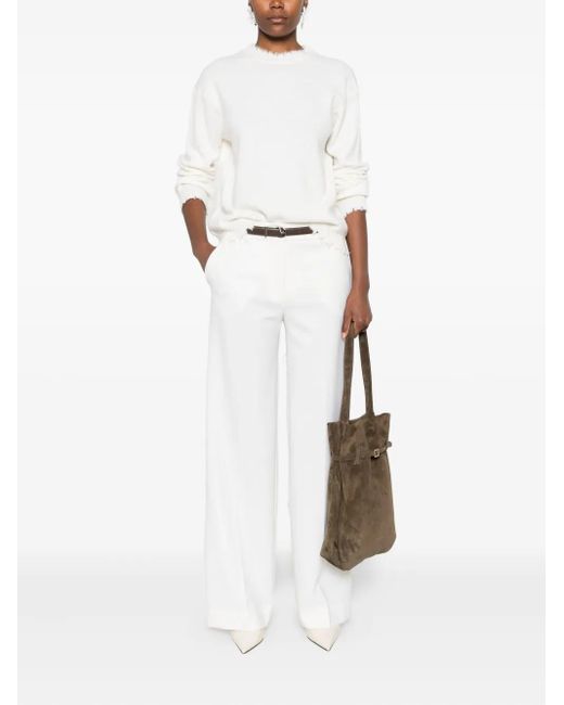 Antonelli White Frayed-Hem Round-Neck Sweater