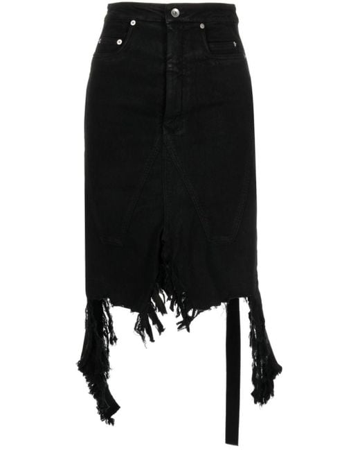 Rick Owens Black Distressed Denim Midi Skirt